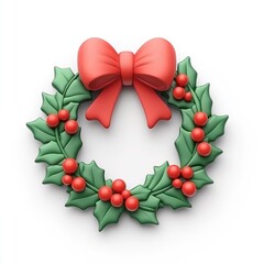 3D Render of a Christmas Holly Wreath with Red Bow