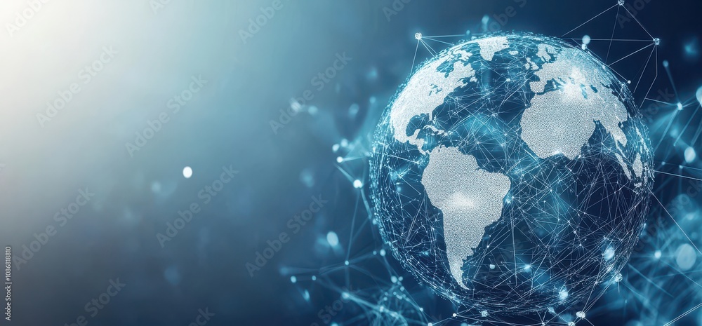 Poster digital representation of a global network sphere with geometric lines and nodes illustrating interc