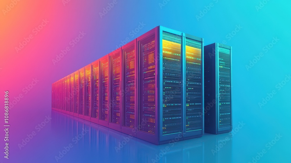 Poster server racks with neon lights in a data center
