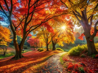 Naklejka premium Embracing the Colorful Autumnal Magic: A Candid Capture of Nature's Splendor and Vibrant Foliage in a Tranquil Forest Setting