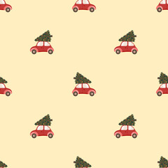 A colorful vector seamless pattern featuring red cars with Christmas trees. Ideal for holiday textiles, gift wrap, and festive designs. Perfect for adding a cheerful touch!