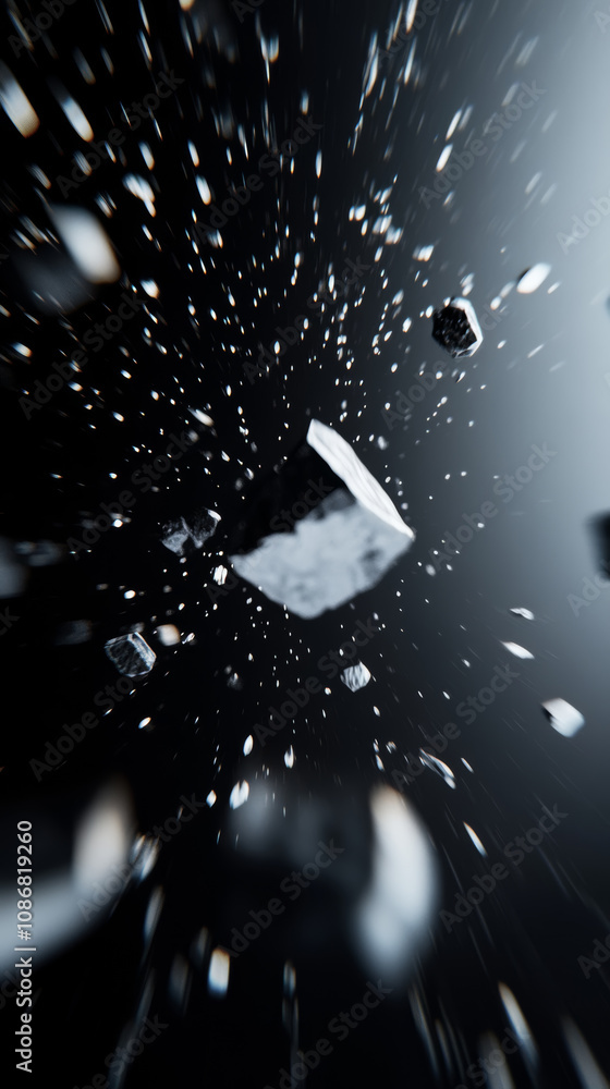 Poster fragments of ice appear to float and scatter in a dark environment, resembling an otherworldly pheno