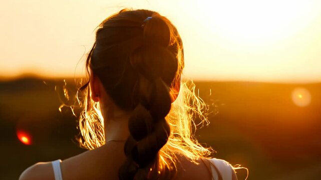 Camera movement slow zoom out, warm sunset glow, model with messy fishtail braid posing in profile, wisps of hair catching golden light