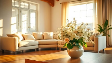 Fototapeta premium A bouquet of white and cream flowers in a ceramic vase on a wooden coffee table in a living room with a sectional sofa and large windows