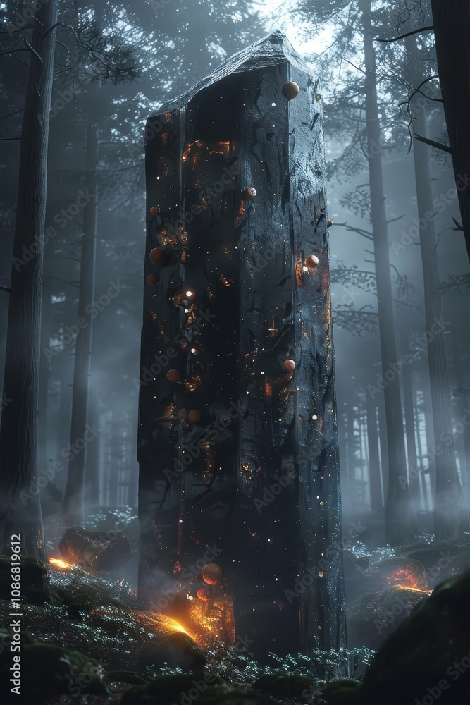 Poster a mysterious monolith stands in a misty forest, surrounded by glowing elements, evoking a sense of i