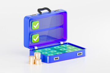 Banking, mortgage concept, terms and conditions, a 3d illustration of a blue case filled with money and penny, sections with checkmarks.