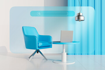 Creative office interior. Web page and search icon in the background. Web page presentation. 3d rendering isolated blue backround