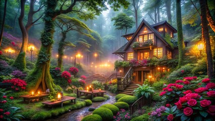Enchanted Love Hotel Nestled in a Mystical Deep Forest Surrounded by Lush Greenery and Ethereal Light, Perfect for Romantic Getaways in Nature's Embrace