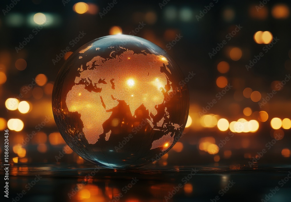 Poster glowing glass globe representation of earth with illuminated continents underneath a soft bokeh back