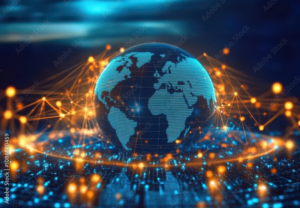 Poster stunning 3d visualization of global connectivity with a glowing earth surrounded by bright nodes and