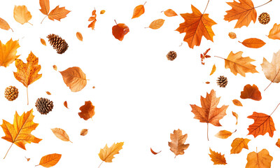 Obraz premium Captivating Autumnal Display: A Beautiful Collection of Vibrant Orange Leaves and Pinecones Floating Gracefully Against a Solid Black Background, Evoking the Essence of Fall.