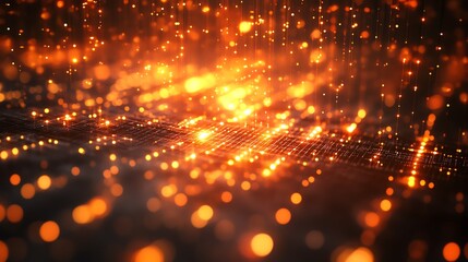 Bitcoin icons glowing in a radiant blockchain matrix with cascading data pathways flowing across, copy space, financial tech, realistic, composite, decentralized network backdrop