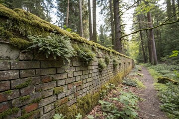 Obraz premium Lichen-covered brick wall in a forest setting, forest, scenic view, wood, lichen, natural