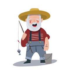 A minimalist flat illustration of a cheerful elderly fisherman in a hat, laughing as he holds up a freshly caught fish. A vibrant design celebrating joy and outdoor adventures.