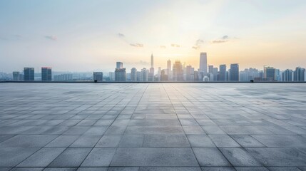 Fototapeta premium Empty square floor with city skyline background, Sustainable Urban Planning project, afternoon