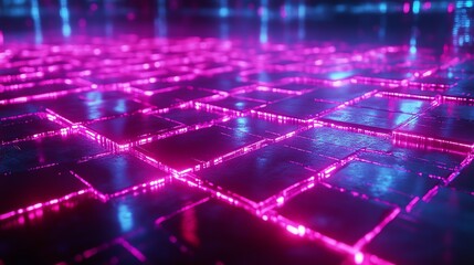 Holographic grids glowing in radiant neon trails flowing across interconnected blockchain systems, close up, cyber evolution, vibrant, overlay, advanced digital grid backdrop