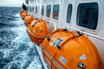 Obraz premium Vibrant Orange Lifeboats on a Luxurious Cruise Ship Sailing Through Calm Ocean Waters
