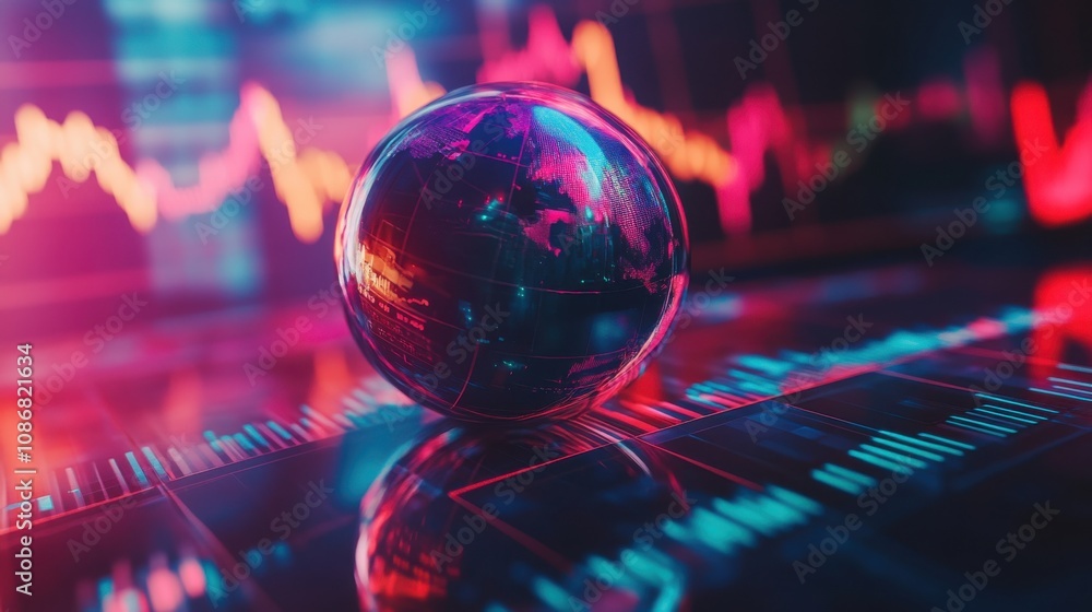 Poster a colorful digital globe on a financial chart background representing global finance and technology 
