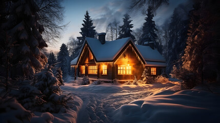 A rustic wooden cabin nestled in a snowy winter forest, with a church steeple rising in the distance