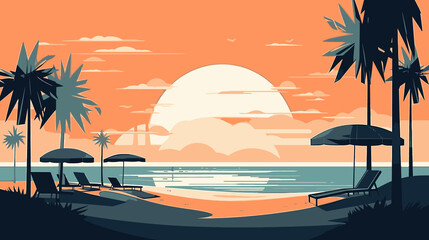 Beach landscape. Flat style art illustration.