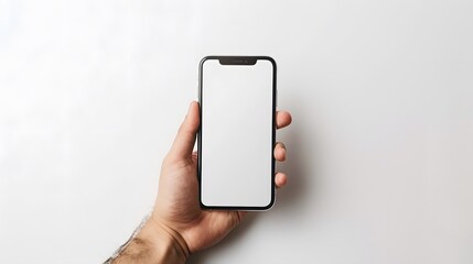 A man’s hand holds a smartphone. A phone is carried by a man in a white scene. A man’s hand and a clean design.