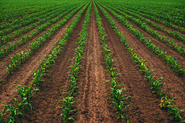 Corn maize seedlings in field in diminishing perspective