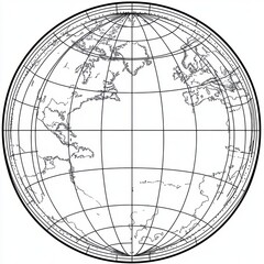 Detailed black and white outline map of the world showcasing continents, oceans, and latitude and longitude lines for educational and artistic purposes