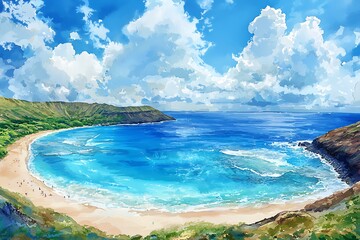 Fototapeta premium Serene Beach Cove A Vibrant Painting of a Tropical Paradise. 