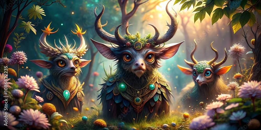 Poster enchanting gallery of stylized horned creatures with bokeh effect capturing their unique designs and