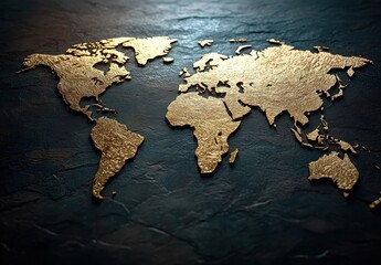 Stunning Metallic Gold World Map on Dark Textured Surface Showcasing Geographic Boundaries and Global Connectivity for Inspirational and Artistic Projects