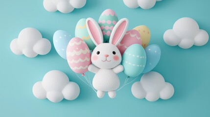 Fototapeta premium Playful bunny with colorful balloons whimsical clouds digital art cheerful environment top view joyful concept