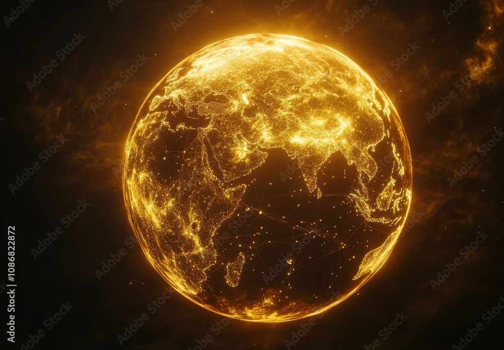 Poster captivating golden globe with glowing connections representing global network and technology, illumi
