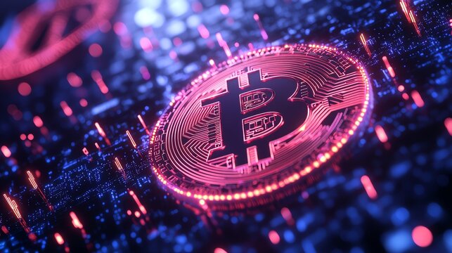 Dynamic holographic bitcoin grids glowing with cascading trails of blockchain nodes in a hightech environment