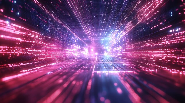 Glowing data nodes interconnected by holographic neon streams in a futuristic tech environment