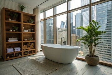 Fototapeta premium Freestanding Modern Bathtub in Urban Loft with Wooden Shelf and Green Plant - Contemporary Bathroom Design, Minimalist Aesthetics, Relaxation Space, Interior Decor Inspiration
