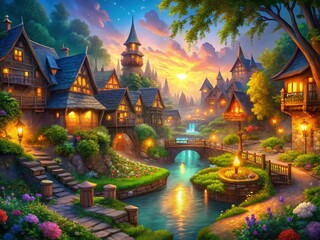 Fototapeta premium Enchanting Medieval Fantasy Village with Mystical Elements and Vibrant Colors Captured in Panoramic Photography for a Captivating 4k Video Animation Experience