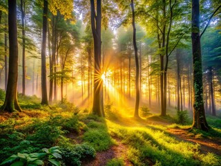 Obraz premium Enchanting Misty Forest at Sunrise: A Serene Landscape Captured in the Early Morning Light with Soft Hues and Ethereal Atmosphere Surrounded by Lush Greenery and Nature's Beauty