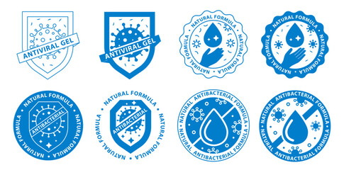 Antibacterial hand gel icon, anti bacterial antiseptic, vector logo set