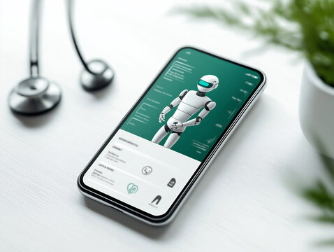 A futuristic smartphone screen displaying a friendly medical app interface