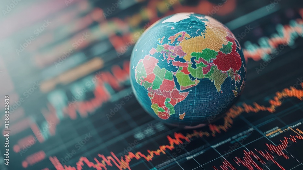 Poster colorful globe on financial data background representing global economy trends with graphs and chart