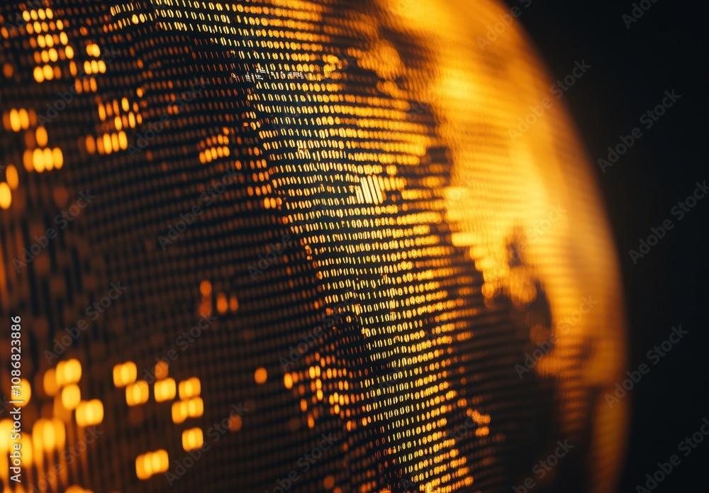 Poster close-up view of an illuminated globe displaying majestic continents and oceans in a striking orange