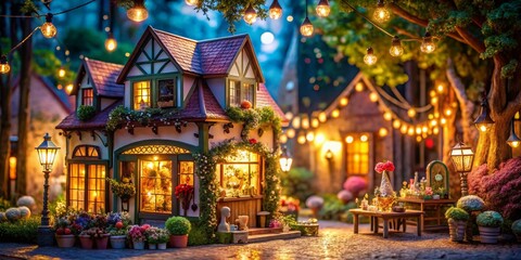 Obraz premium Enchanting Night Photography of a Cozy Boutique in a Charming Urban Setting with Soft Lights and Whimsical Decor, Evoking a Dreamy Atmosphere and Romantic Vibes for Fashion Lovers