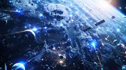 Obraz premium photograph of Satellites sending datas exchanges and futuristic connections system over the globe 3D rendering,Planets on a blue galaxy background.