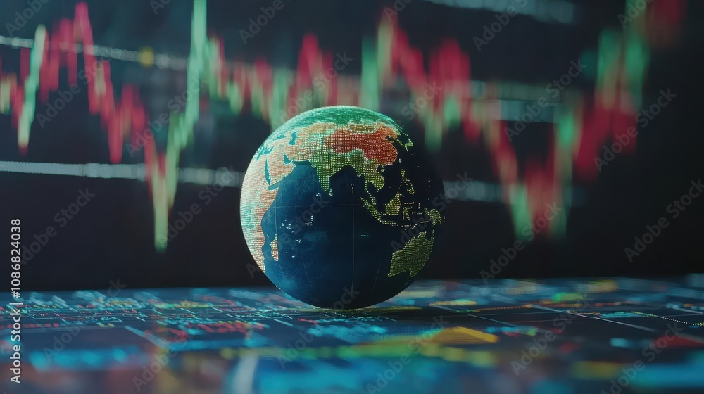 Poster a close-up of a globe displaying global markets with financial graphs and trend lines for economic a