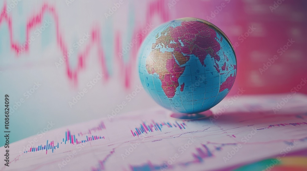 Poster colorful globe displaying the world map on a financial chart background with stock market trends and