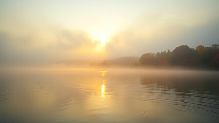 Obraz premium Tranquil Mist Shrouded Lake with Golden Sun Rays Reflecting on the Water's Surface