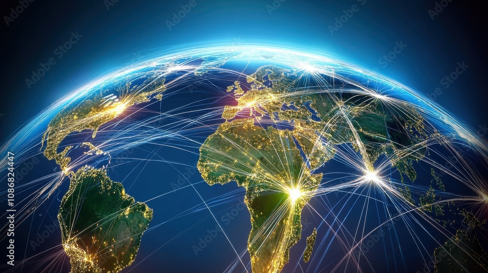 Poster a stunning global network visualization displaying bright connections across continents emphasizing 