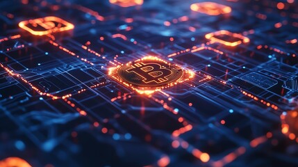 Glowing bitcoin symbols surrounded by radiant data trails floating within a blockchain matrix, focus on decentralized tech, vibrant, fusion, cyber financial grid backdrop