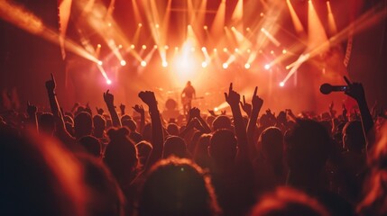 Obraz premium photograph of Silhouettes of concert crowd in front of bright stage lights on a music festival