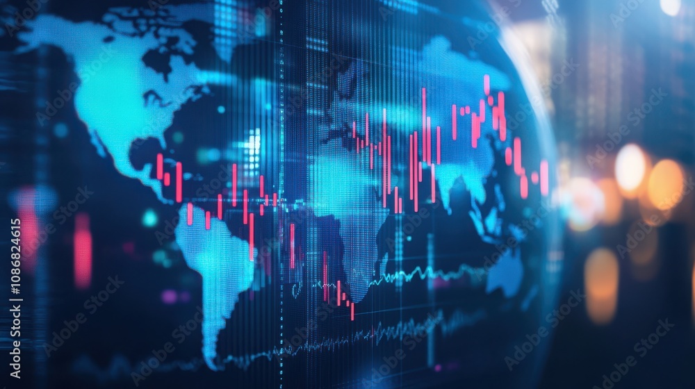 Poster dynamic financial data visualization overworld map with stock market trends and cryptocurrency chart